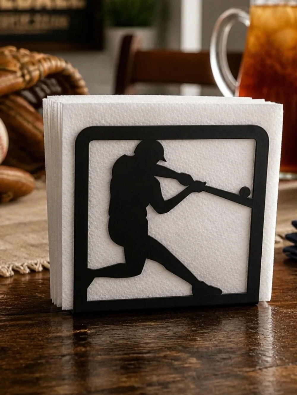 Metal Black Flaming Baseball Napkin Holder - Measures 6
